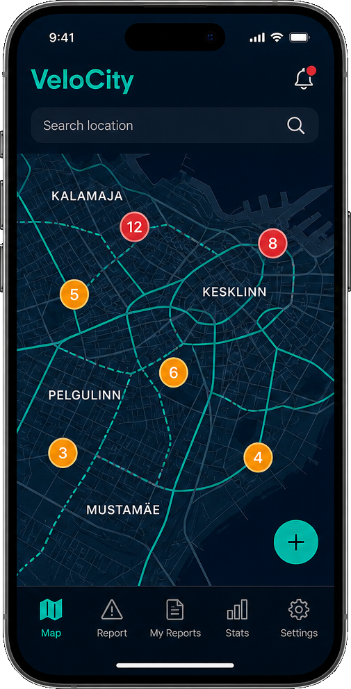 VeloCity mobile map screen showing issue clusters in Tallinn