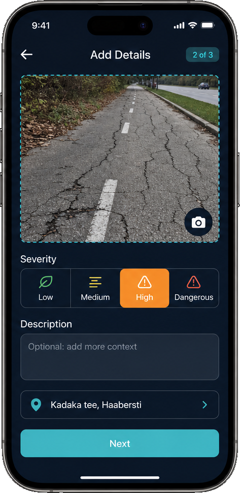 Issue details screen with severity and location